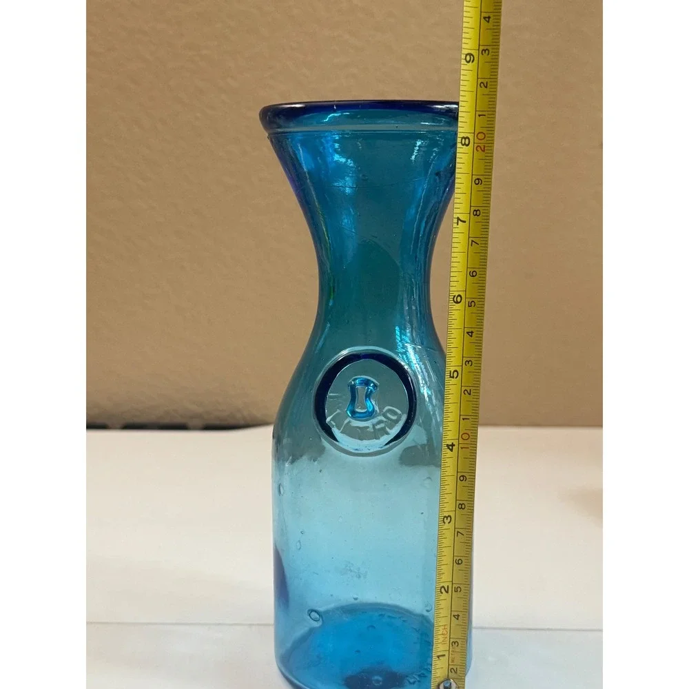 Vintage 1 Litro Blue Glass Carafe Hand Blown Decanter Pitcher Made in Taiwan